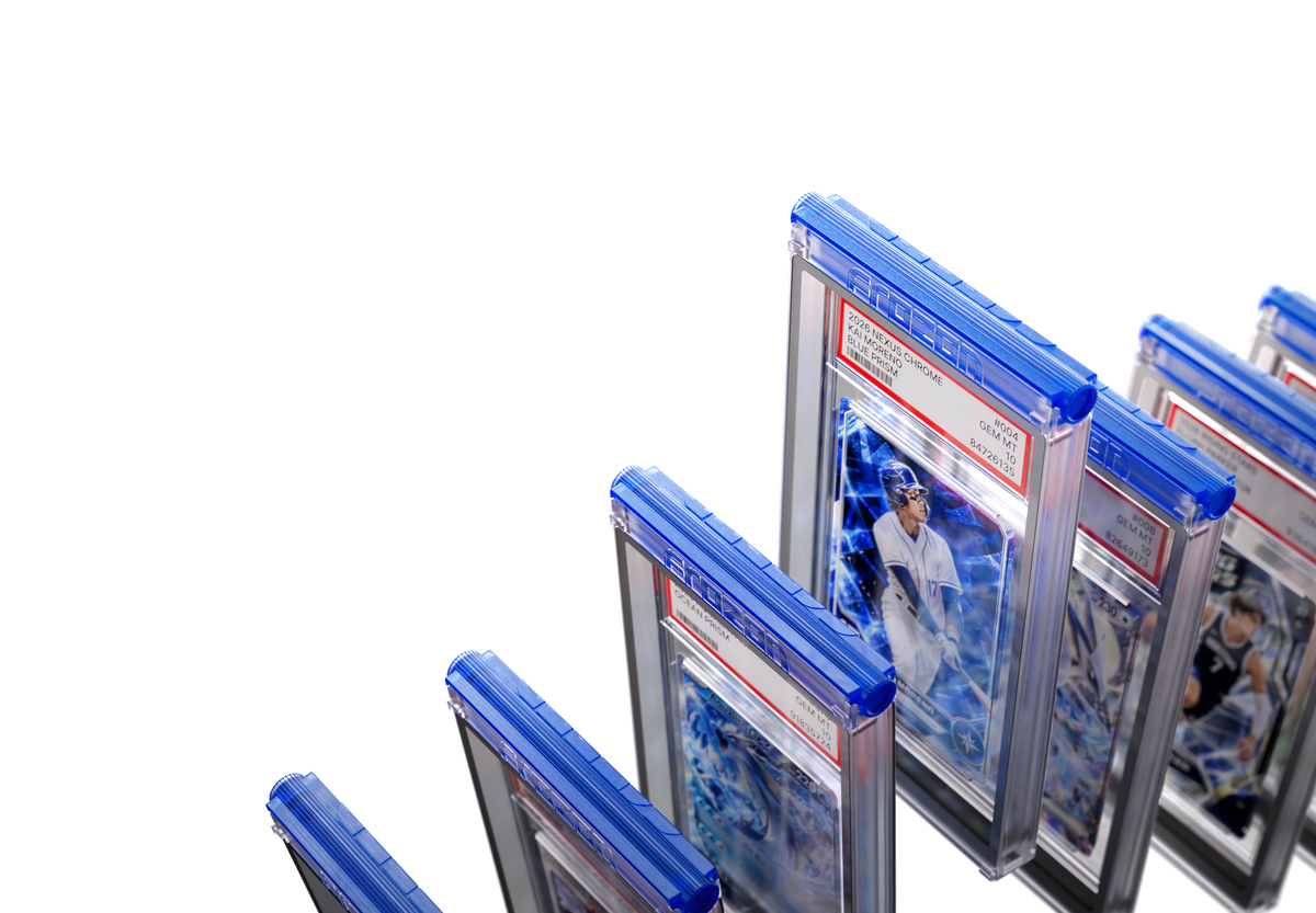 Graded baseball cards in FROZON slab cases fanned out, background of the app section
